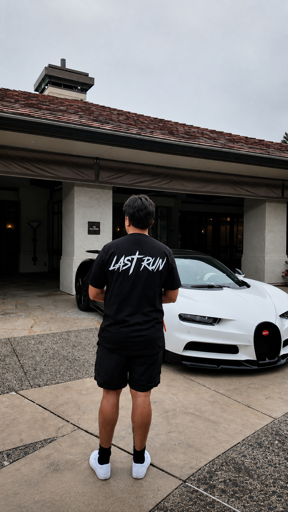 Last Run Tee photographed with a white Bugatti