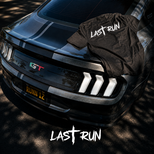 Last Run black tee displayed on Mustang